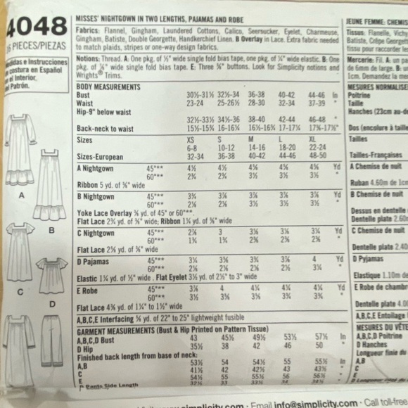 SIMPLICITY Sew Pattern 4048 Misses Nightgown, Pajamas, & Robe M-XL UNCUT - Picture 3 of 6